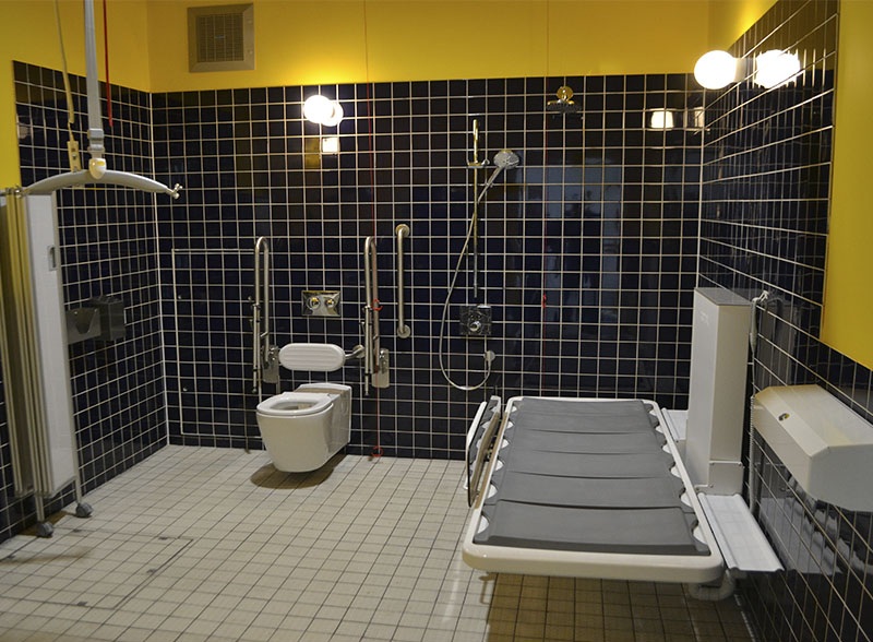 Ropox Changing Place toilet with wall-mounted changing bench, shower area and support rails